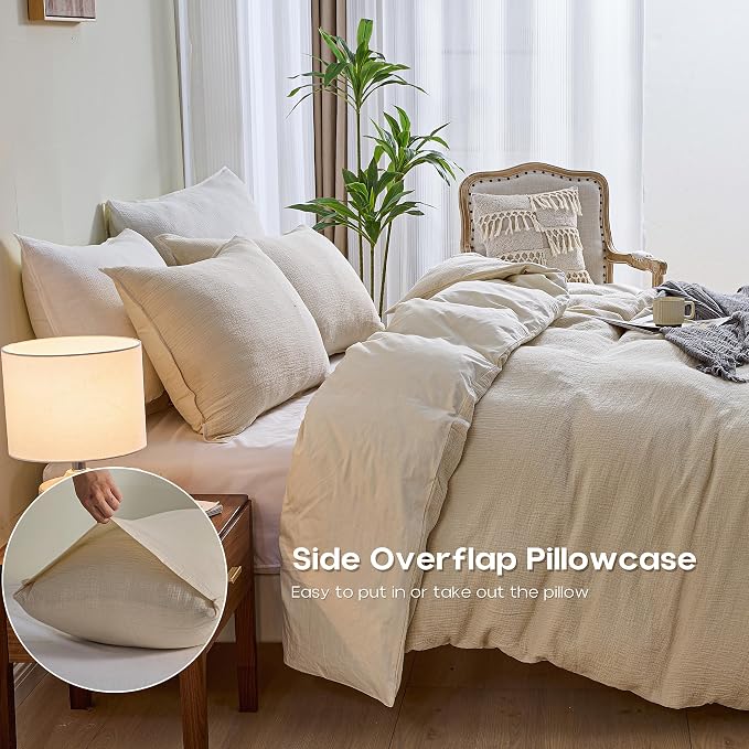 Simple&Opulence Linen Muslin Duvet Cover Set King Size, 3Pcs Khaki Linen Cotton 3-Layer Gauze Minimalist Comforter Cover 104”x92”, Ultra Soft Breathable Seersucker Bedding Set with 2 Pillowcases