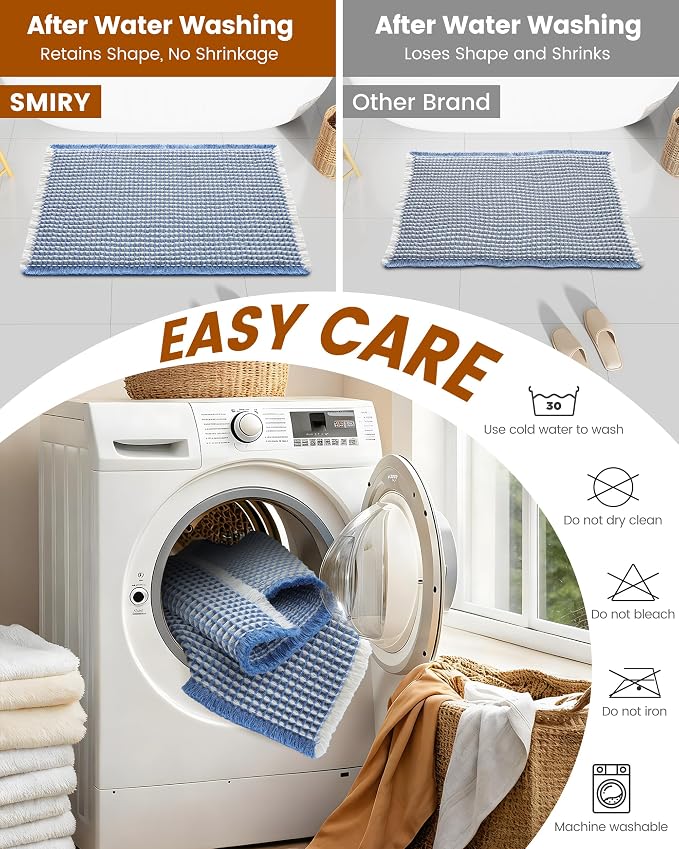 Smiry Waffle Bath Mat 60x24, Extra Soft Absorbent Bathroom Rugs, Non Slip Machine Washable Quick Dry Bath Rugs for Bathroom Floor, Tub, Shower, Home Decor Accessories, Blue & Cream