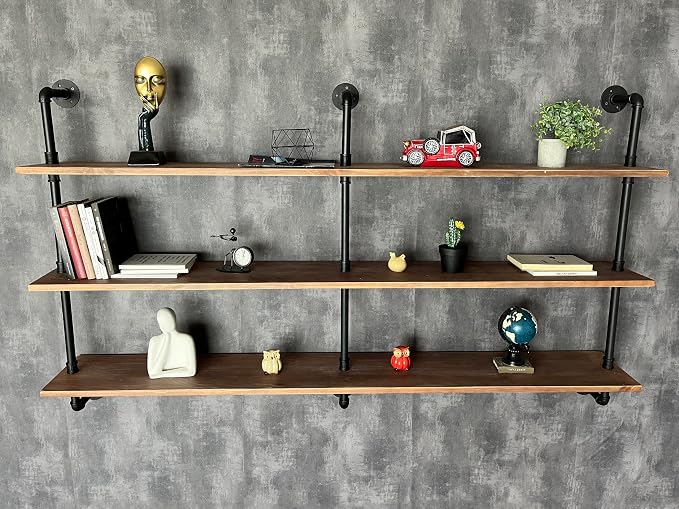 HDDFER Floating Shelves 70 inch Wall Bookshelf Industrial Pipe Shelving Shelves Real Wood Planks Rustic Wall Shelves Hanging Bookshelves Farmhouse Kitchen Bar Shelving