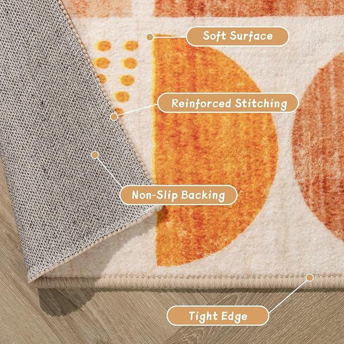 MUJOO Round Rugs 5ft,Circle Area Rug Washable,Circular Rugs for Living Room Dining Room,Boho Non Slip Throw Floor Carpet Modern Abstract Bohemian Orange