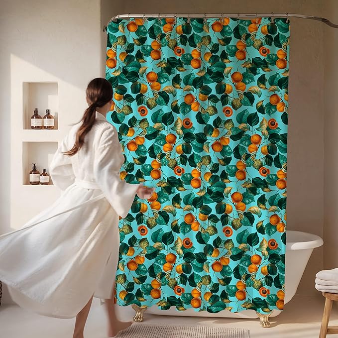 Teal Apricot Leaf Print Shower Curtain - Colorful Botanical Fruit Floral Pattern - Modern Home Decor - Bold Colorful Hotel Style Fabric Shower Curtain For Any Bathroom - 72x72 Inches (Apricot)