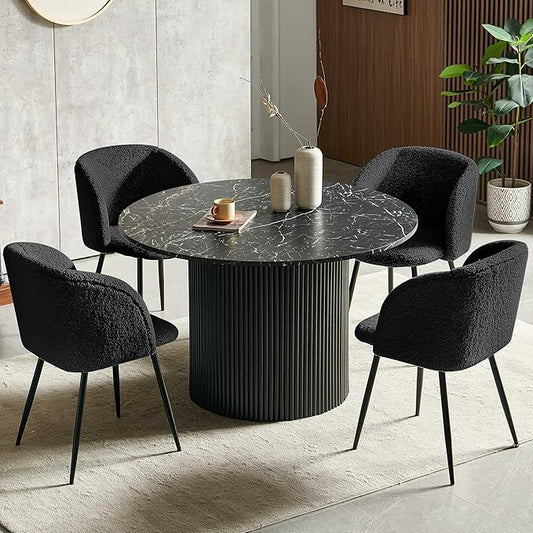 Black Dining Table Set for 4, 5-Piece Mordern Kitchen Dining Room Table Set, 47-Inch Round Breakfast Nook Dinner Table Fluted and Upholstered Sherpa Fabric Dining Armchairs Set