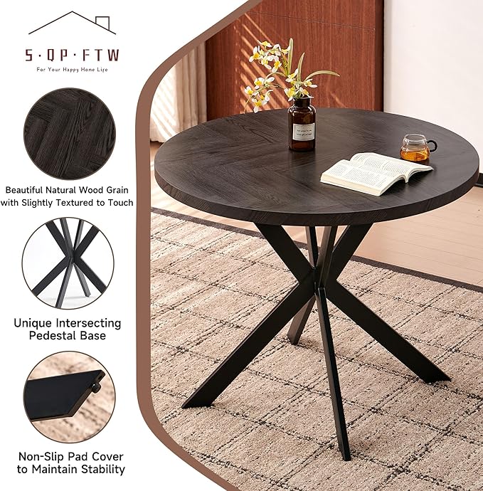 Mid Century Black Round Dining Table Set for 4, 37" Modern Small Kitchen Circle Table & 4 Velvet Side Chairs, Space Saving, Dinette for Home, Apartment, Dining Room, Navy Blue