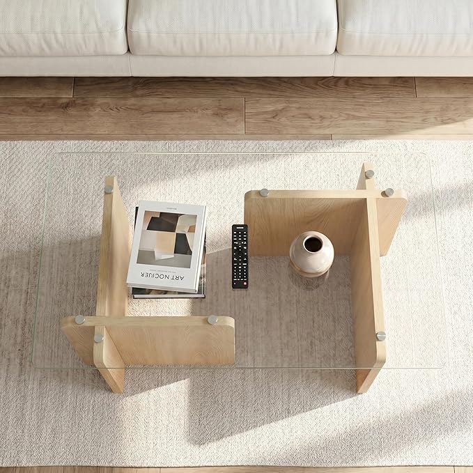 Modern Glass Coffee Table, 39.4 Inches Rectangular Center Tables for Living Room, Coffee Table with Wood Cross Base Easy Assembly Natural