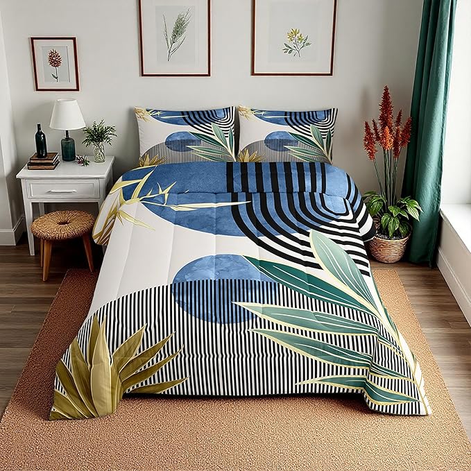 Erosebridal Mid Century Modern Comforter Set Full Modern Boho Bedding Set,Abstract Minimalist Art Down Comforter Arch Curve Leaves Aesthetic Duvet Insert,Blue Green Room Decor