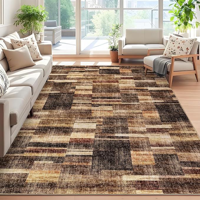 Large Living Room Area Rug 8x10 - Machine Washable Modern Rugs Geometric Brown Rug Non Slip Non-Shedding Low Pile Farmhouse Carpet for Bedroom Nursery Classroom Dorm 8'x10' Brown