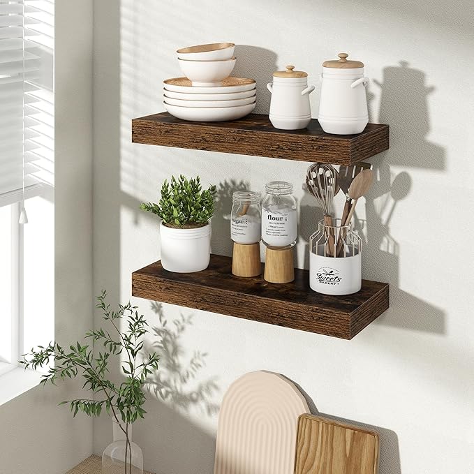 16 Inch Floating Shelves for Wall 2 Pack, 16" Wall Shelves for Books, Storage, Decor, Wall Mounted Floating Shelf with Invisible Brackets for Kitchen, Living Room, Brown