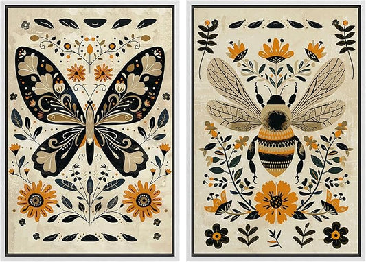 MUDECOR Framed Canvas Print Wall Art Set Butterfly Animals Botanical Bee llustrations Modern Art Decorative Bohemian Calm/Zen for Living Room, Bedroom, Office - 24"x36"x2 White