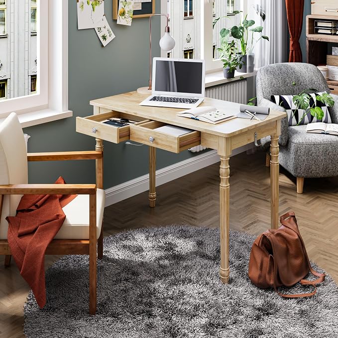 Solid Wood Desk with Drawers - 40 Inch Writing Desk with Drawers, Mid Century Modern Desk with 2 Hooks, Rubber Wood Study Table for Bedroom, Living Room & Office, Natural Boho Desks