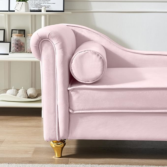 60.6''Velvet Chaise Lounge Indoor, Modern Velvet Lounge Chair with Left Armrest & Lumbar Pillow,Button Tufted Lounge Sofa with Storage for Bedroom, Living Room and Office,Pink