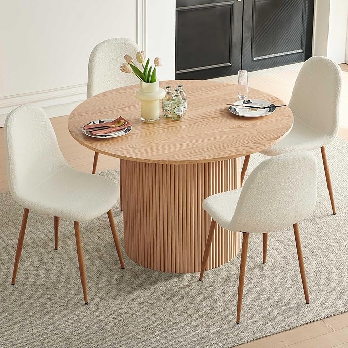 Dining Table Set for 4, Mid Century Modern 47 Inch Wooden Round Dining Table Set, Space Saving (Table + 4 White Chairs)