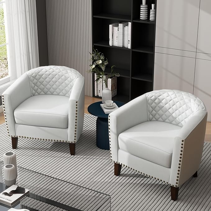UIXE Faux Leather Barrel Accent Chairs Set of 2, Modern Club Upholstered Arm Chair, Comfy Armchair Nailed Trim Living Room Single Sofa Reading Seat Bedroom Side Sitting for Office, White