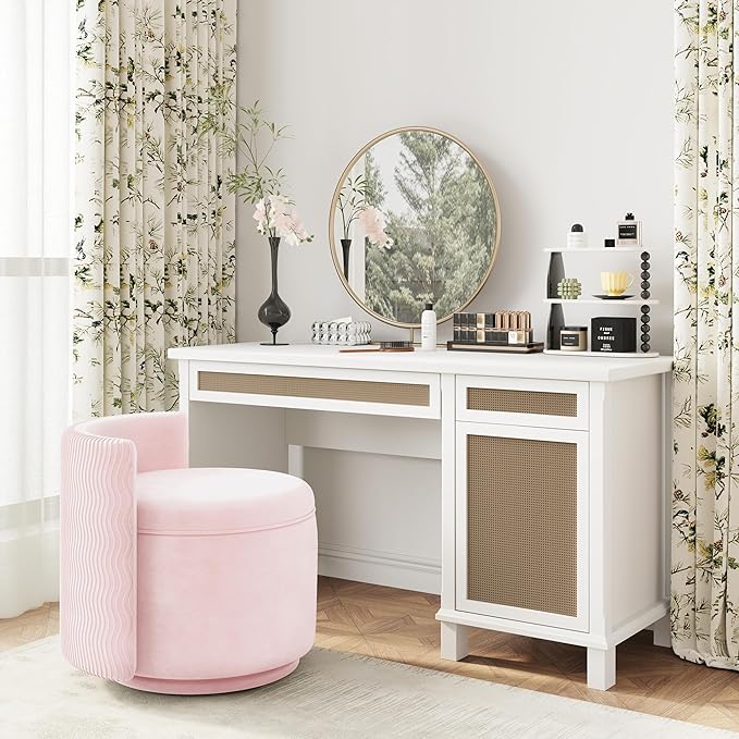 360° Swivel Accent Chair with Storage, Vanity Stool with Back, Velvet Storage Ottoman, Upholstered Round Barrel Vanity Chair for Living Room, Makeup Room, Bedroom (Pink)