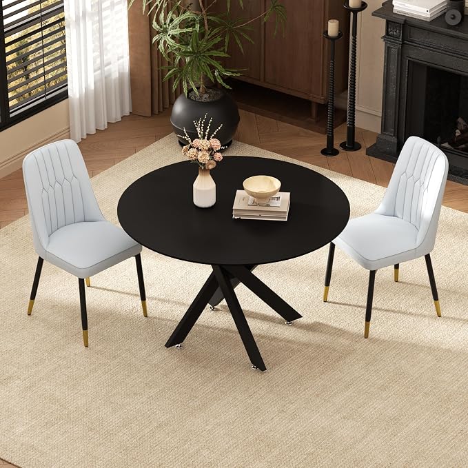 RGZ Mid Century Black Round Dining Table Set for 2, 36" Small Wooden Circle Kitchen Table & 2 Light Gray PU Leather Kitchen Chairs, Dinner Table Set for Home, Apartment, Dining Room