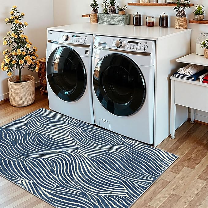 3x5 Modern Entry Rug - Small Washable Indoor Outdoor Mats for Front Door Non-Slip Porch Rug Blue White Ocean Wave Striped Throw Rugs for Living Room Bedroom Entryway Kitchen Office Porch Decor