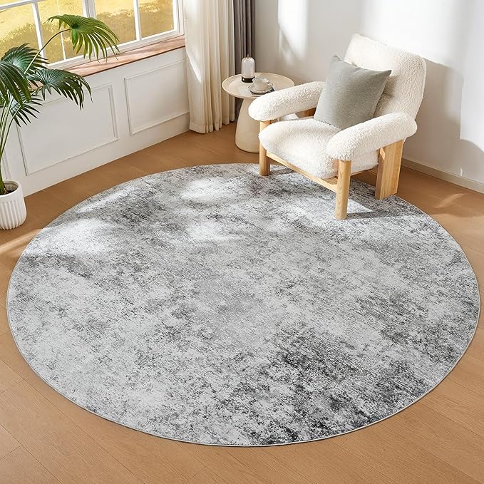WITSHOCK 8ft Round Area Rug for Living Room: 8x8 Washable Neutral Modern Abstract Soft Thin Rug Indoor Floor No Slip Rug Carpet for Bedroom Under Dining Table Home Office Decor (Gray)