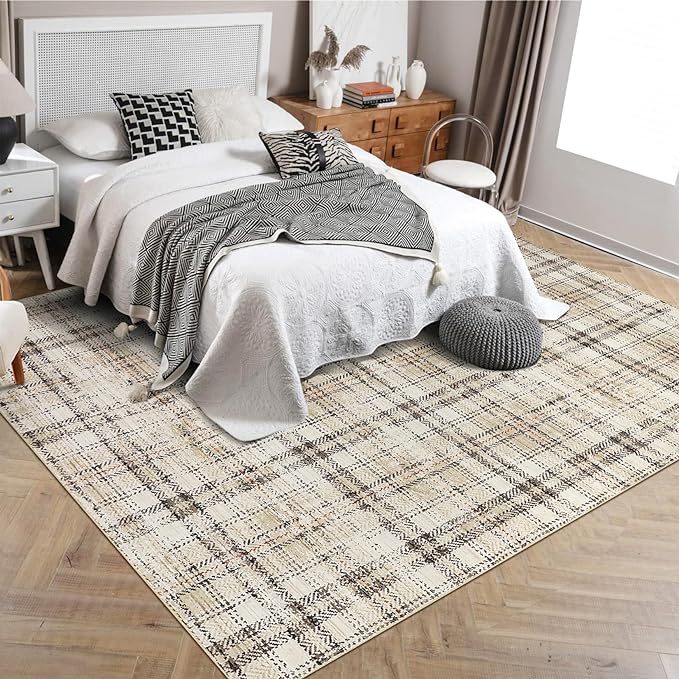 Modern Plaid Washable Rug 10x13 Area Rug for Living Room Soft Large Area Rug for Bedroom Non Shedding Non Slip Throw Rugs Stain Resistant Carpet for Dining Room Nursery Rug 10'x13' Beige