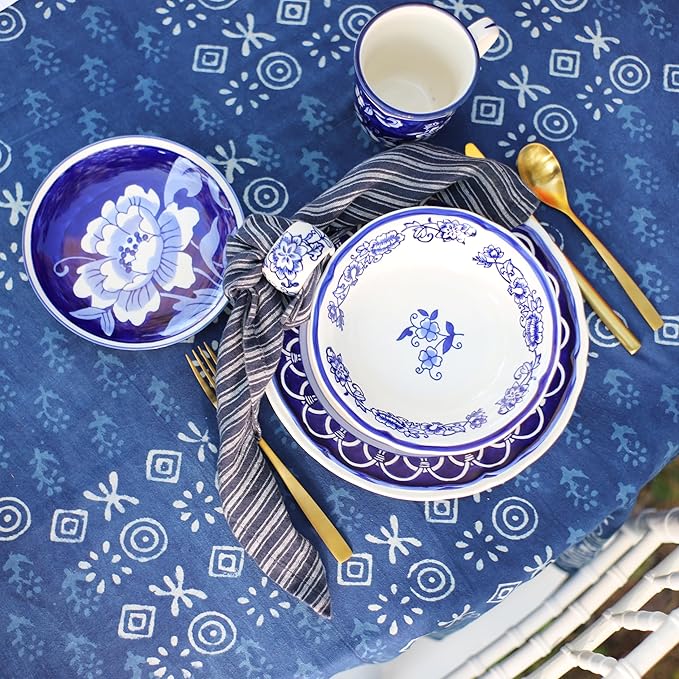 Euro Ceramica Blue Garden 16 Piece Oven Safe Hand Painted Stoneware Dinnerware Set, Service for 4, Bold Vase Design/Floral Pattern, White and blue