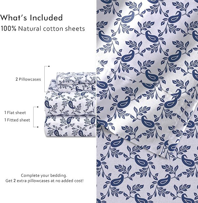 RUVANTI 100% Cotton Percale Sheets Twin Size 4 Piece Set, Cooling Bed Sheets for Hot Sleepers, Deep Pocket 16”, Breathable Lightweight & Durable, Crisp Hotel Style Sheets, Paisley Ornament