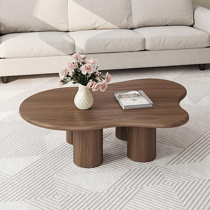 Modern Coffee Table - 47" Small Coffee Table Cloud-Shaped for Living Room, Low Profile Wooden Center Table with Curved Edges for Small Spaces & Contemporary Decor