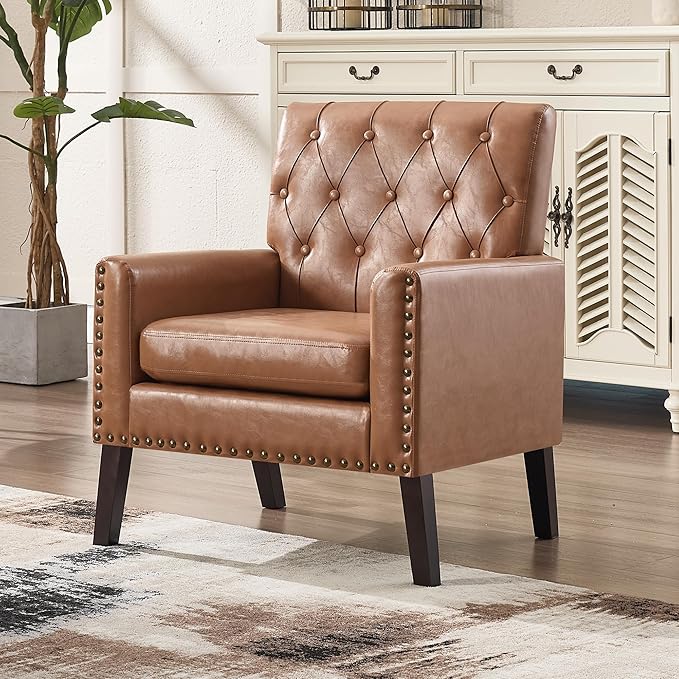 Mid Century Modern Accent Chair, Light Brown Faux Leather Office Chair for Reception - Tufted Leather Club Chair for Living Room, Bedroom, or Waiting Room