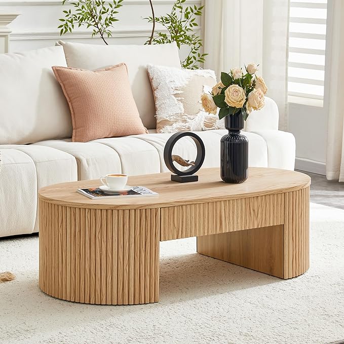 Oval Coffee Table, 47.5" Coffee Table with Storage, Fluted Accent Center Table with Textured Roman Column Patterns, Mid Century Modern Coffee Tables for Living Room, Office, Apartment, Natural