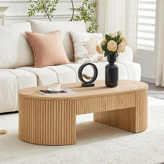 Oval Coffee Table, 47.5" Coffee Table with Storage, Fluted Accent Center Table with Textured Roman Column Patterns, Mid Century Modern Coffee Tables for Living Room, Office, Apartment, Natural