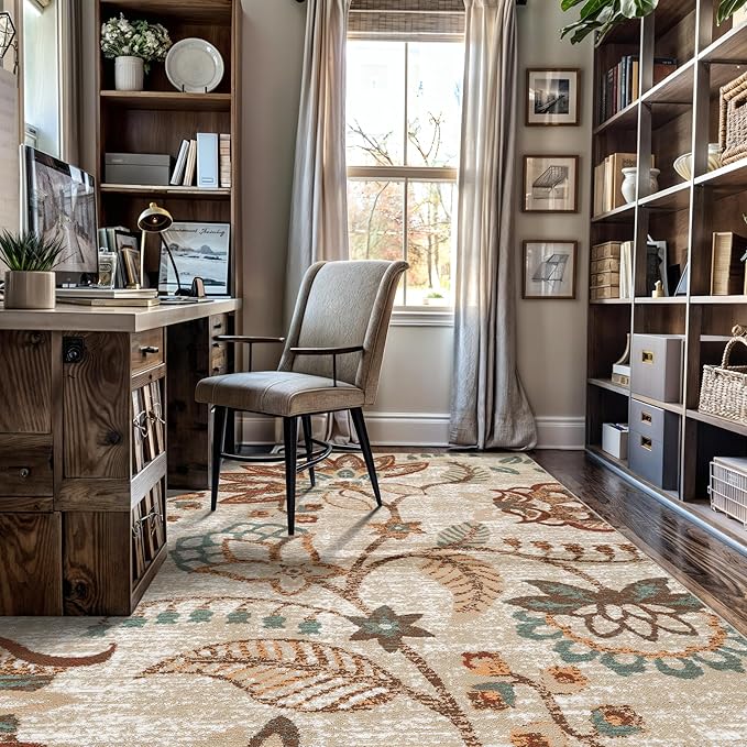 Rugshop Beige Floral Area Rug 5x7- Vintage Botanical Indoor Carpet for Living Room, Bedroom, or Dining Room – Non-Shedding, Soft Low-Pile Traditional Rug 5' x 7'