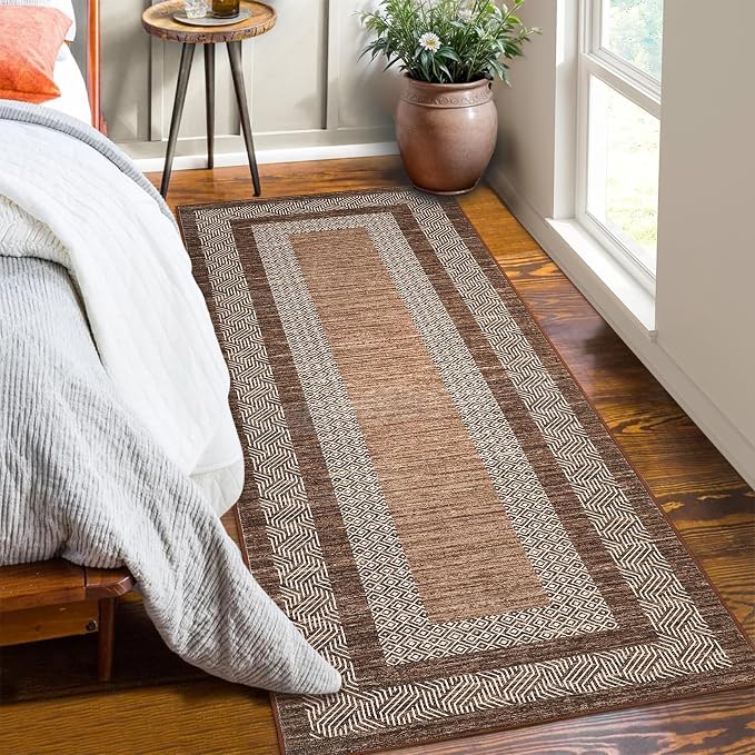 GarveeHome 2.5x8 Modern Bordered Runner Rug Soft Non Slip Washable Floor Carpet Distressed Geometric Hallway Indoor Printed Rug for Kitchen Entrance, Dark Brown