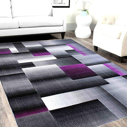 HR 5’ x 7’ Rug in Purple - Premium Quality Purple/Black/Gray Abstract Geometric Modern Squares Pattern Area Rug - Contemporary Styling for Living Room, Bedroom - Unique Home Decor
