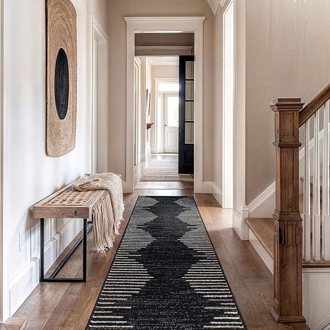 Rugshop Bohemian Stripe Stain Resistant Carpet High Traffic for Hallway Entryway Living Room Kitchen Bedroom Laundry Runner Rug 2' x 7' Black