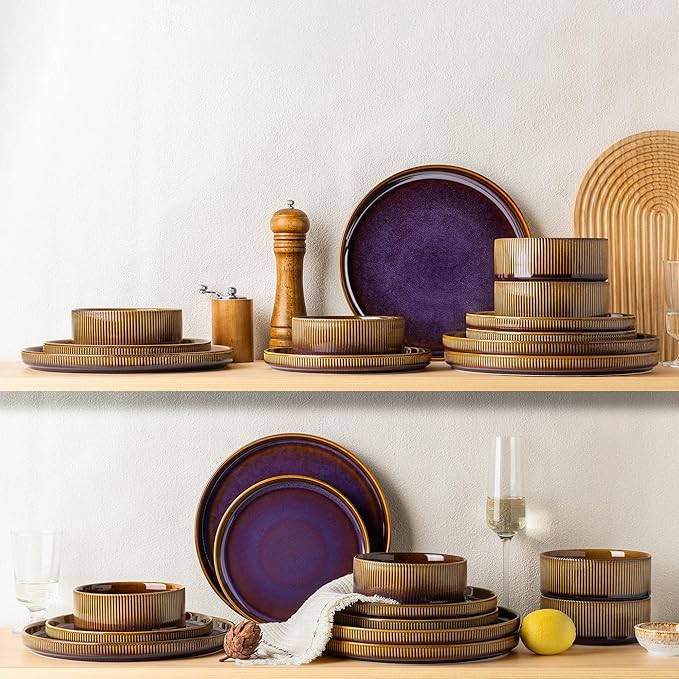 TheTerra Ceramic Dinnerware Sets for 6, 18 Pieces Porcelain Lightweight Plates and Bowls Sets, Scratch Resistant Dish Set, Oven & Microwave & Dishwasher Safe, Amber Amethyst