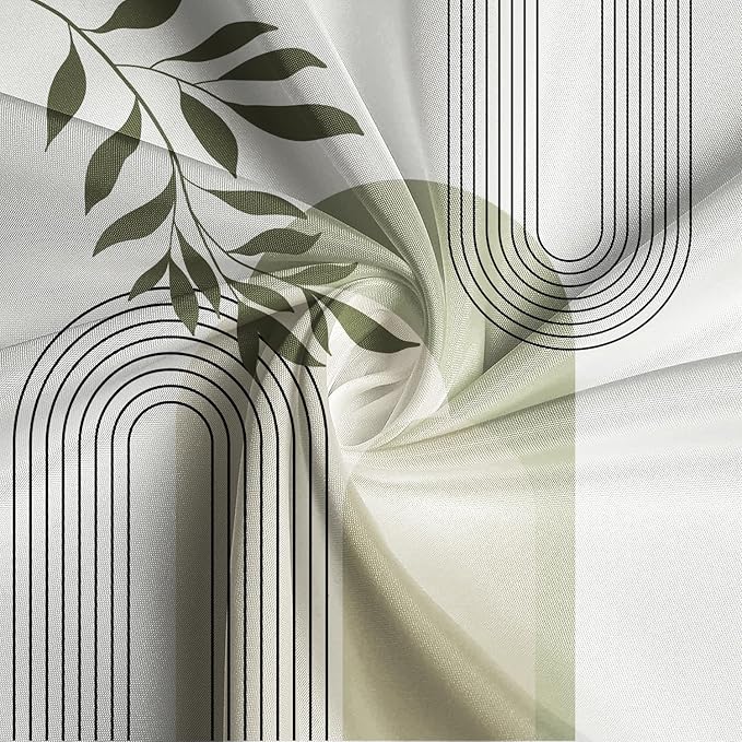 Boho Sage Green Shower Curtain Mid Century Modern Abstract Plant Botanical Bathroom Curtain Minimalist Neutral Geometric Arch Bath Decor Polyester Set with Hooks 48x72 inch