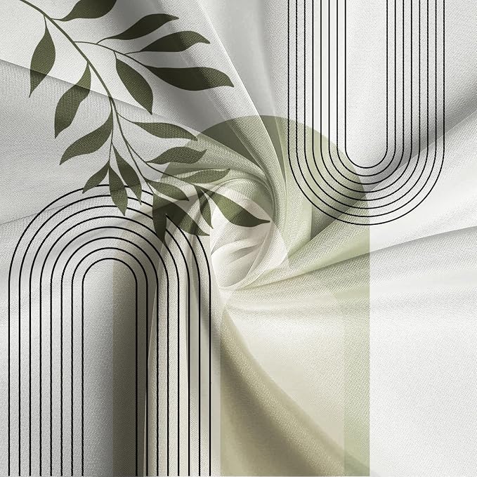 Boho Sage Green Shower Curtain Mid Century Modern Abstract Plant Botanical Bathroom Curtain Minimalist Neutral Geometric Arch Bath Decor Polyester Set with Hooks 72x72 inch