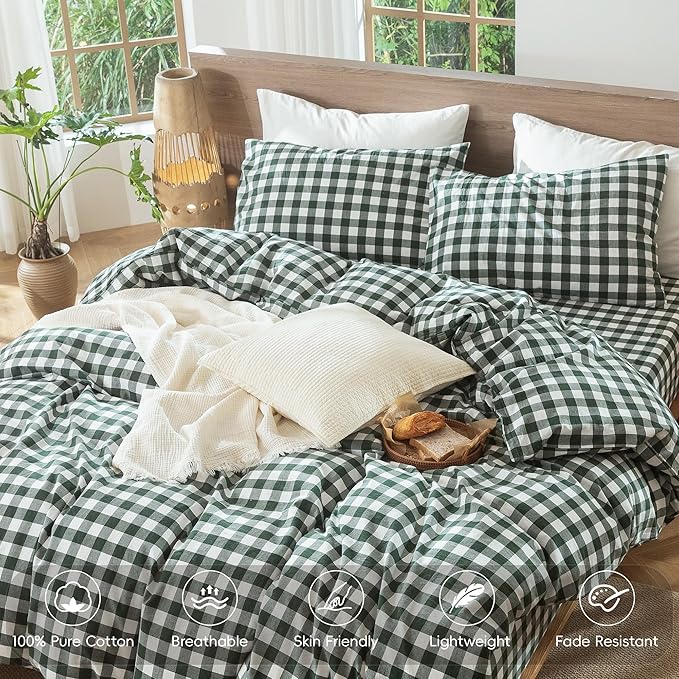 MooMee Gingham Duvet Cover Set 100% Washed Cotton Linen Like Textured Breathable Durable Soft Comfy Modern Checkered Design (Buffalo Plaid Forest Green, Full 80"x90")