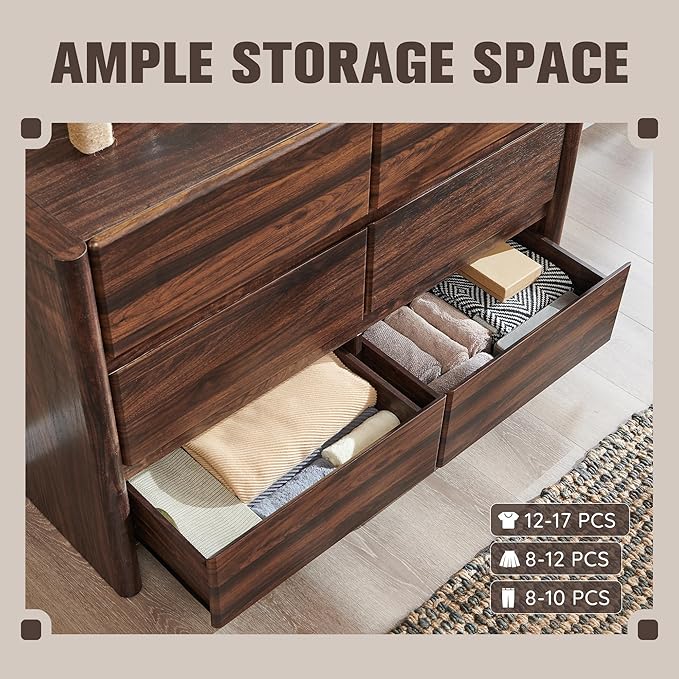 Modern 6 Drawers Dresser for Bedroom, 47" Wide Dresser w/Large Storage & Rounded Corner, Wood Handleless Chests of Drawers w/Natural Texture for Bedroom, Hallway, Living Room-Brown