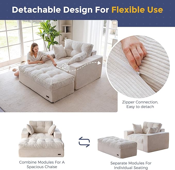 MAXYOYO Oversized Chaise Lounge Sofa, Upholstered Lounge Chair with 3 Pillows, Tufted Boneless Sofa Couch with Ottoman, Deep Seat Sofa Chair for Living Room, Bedroom, No Assembly, Beige