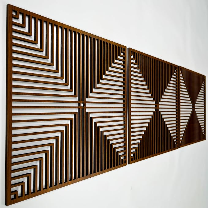 Geometric Square Wood Wall Art Large, Modern Art Deco Lines Wooden Wall Decor, Abstract Panels for Mid Century Style House, Home Gift for Living Room and Bedroom