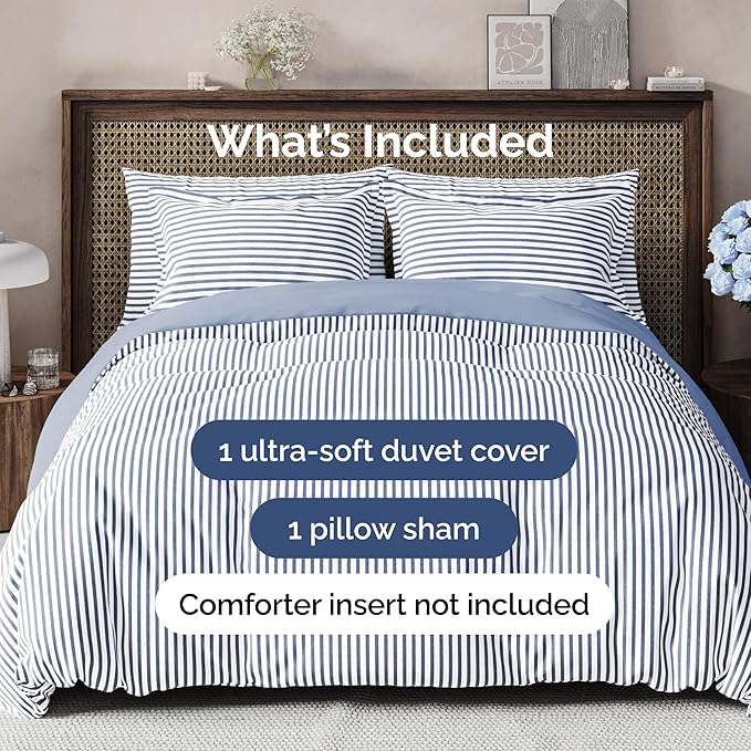 Duvet Cover Twin/Twin XL Size - Extra Soft Twin/Twin XL Size Duvet Cover - Lightweight, Breathable & Cozy w/Zipper Closures and Ties - 68" x 90" Inches - (Blue Stripes 2) Comforter Not Included