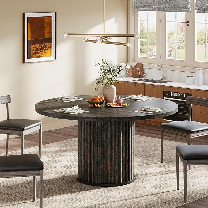 Tribesigns 47.24-Inch Round Dining Table for 4-6 People, Modern Fluted MDF + Metal Base Kitchen Table, Sturdy Circle Dining Room Furniture, Black Brown