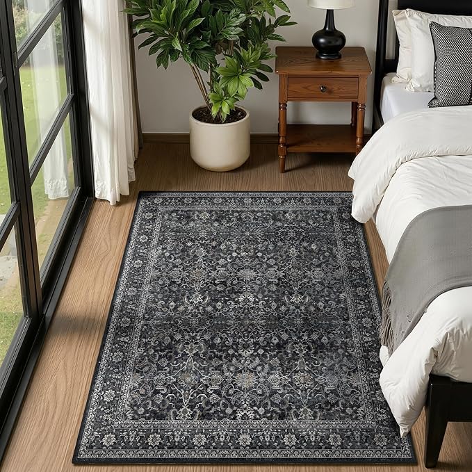 Dark 4x5 Area Rugs, Washable Throw Rugs with Rubber Backing for Kitchen Entryway, Low Pile Thin Throw Carpet Rug for Foyer/Nursery/Home Office/Living Room, Vintage Farmhouse Midnight