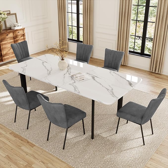 Extendable Dining Table Set for 6-8 People, 63 to 78.7 Inch MDF Kitchen Table with 6 Dining Fabric Chairs, Space-Saving for Dining Room, Breakfast Nook (White Table & 6 Grey Fabric Chairs)