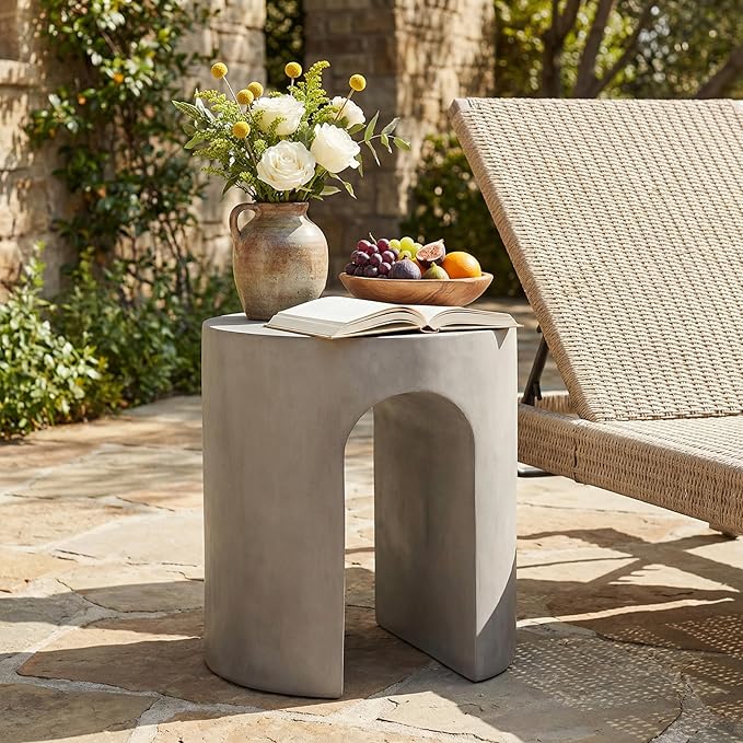 ø16'' Faux Concrete Cement Round Side Table End Table U-Shape, Modern Contemporary Minimalist Style, MGO Material for Indoor & Outdoor, No Assembly, Light Gray