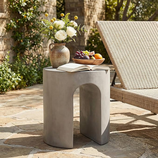 ø16'' Faux Concrete Cement Round Side Table End Table U-Shape, Modern Contemporary Minimalist Style, MGO Material for Indoor & Outdoor, No Assembly, Light Gray