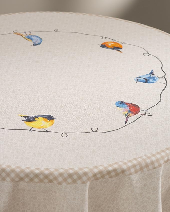 Maison d' Hermine Table Cloth Round Table 100% Cotton 63 Round Inches Tablecloth Reusable Decorative for Dining Room Farmhouse Home Valentines Day Decorations Spring Summer - Birdies on Wire