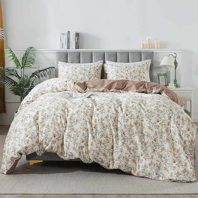 HoneiLife Botanical Duvet Cover King - 100% Cotton Comforter Cover Sets, Floral Duvet Cover Sets, Wildflower Bedlinen Set with Zipper Closure & Corner Ties