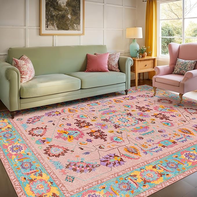 Pink Living Room Area Rug Washable 5x7 Non Slip Low Pile Oushak Vintage Oushak Stain Resistant Soft Oriental Carpet for Bedroom, Dining Room, Kitchen, Leisure Room, Nova Peony