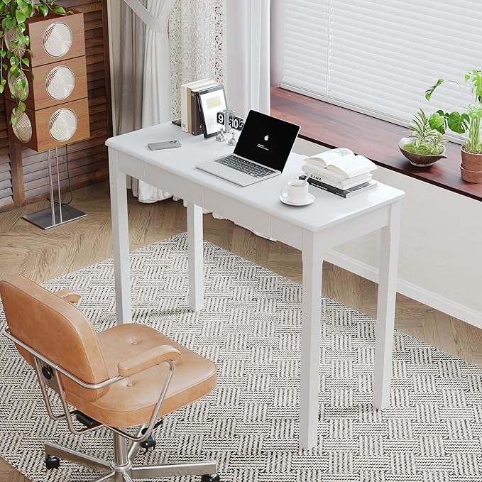 Solid Wood Desk with Drawers - 39" Narrow Desks for Small Spaces, Mid Century Modern Desks, Small Wooden Vintage Computer Writing Desk, Study Table for Home Office Bedroom, White