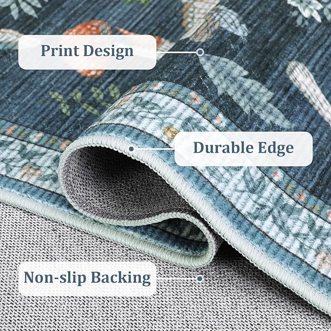 Washable 9x12 Area Rugs Living Room Large Rug Boho Vintage Floral Carpet Soft Bedroom Indoor Floor Mats Non-Slip Farmhouse Rustic Style Carpet for Nursery Dining Room Home Decor Office, Blue