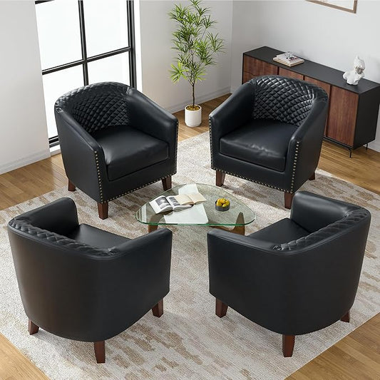 UIXE Faux Leather Barrel Accent Chairs Set of 4, Modern Club Upholstered Arm Chair, Comfy Armchair Nailed Trim Living Room Single Sofa Reading Seat Bedroom Side Sitting for Office, Black